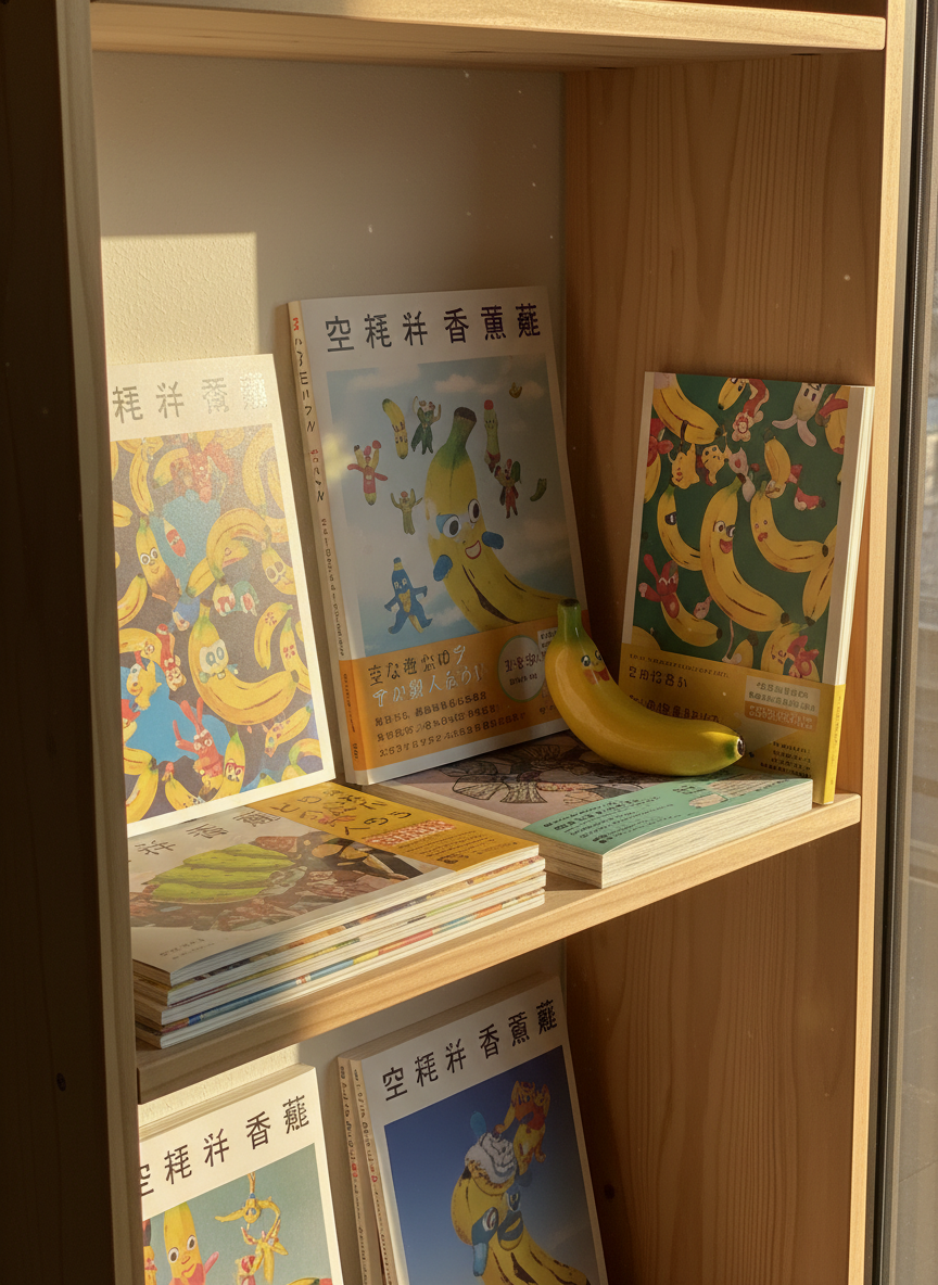 A cozy corner display shelf in light pine wood holding a collection of physical zines and art books titled with playful Japanese typography referencing 空希 香蕉. Their covers show photographic reproductions of whimsical banana-themed artworks in vivid colors. A tiny ceramic banana sculpture sits beside them, glossy and bright against the matte paper textures. Late afternoon golden-hour sunlight slants across the scene from a side window, producing warm highlights and soft, elongated shadows along the grain of the wood. Photographed in realistic detail at a slight side angle using the rule of thirds, the mood feels intimate, inviting visitors to explore the artist’s作品紹介 more deeply.