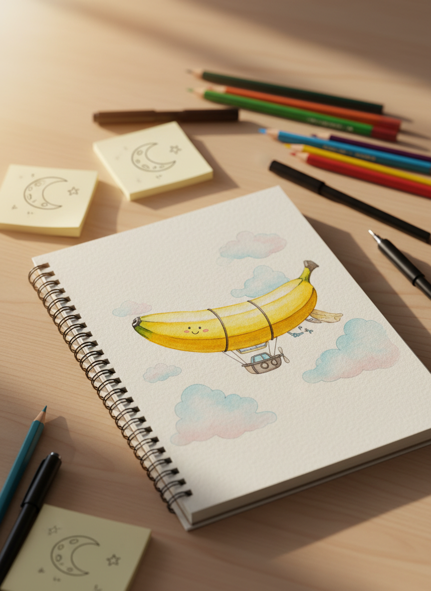 A playful desktop workspace featuring a sketchbook opened to a whimsical illustration of a bright yellow banana-shaped airship floating among soft watercolor clouds. The sketchbook rests on a light wooden desk scattered with colored pencils, ink pens, and sticky notes covered in tiny doodles of stars and moons. Soft morning light pours in from an unseen window, creating gentle highlights on the paper’s texture and casting long, delicate shadows across the desk. Photographic realism with a vibrant, colorful palette, shot from a slightly elevated angle with shallow depth of field so the drawing is in crisp focus while the background art supplies blur into a dreamy, inviting bokeh.