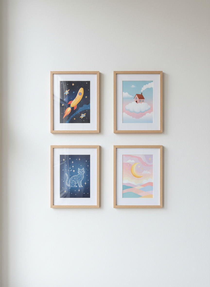 A neat gallery wall of small framed artworks arranged on a smooth white plaster wall, each frame containing a different imaginative illustration: a flying banana rocket, a tiny house floating on a cloud, a cat-shaped constellation, and a banana-shaped moon over a pastel night sky. The frames are simple light wood with matte glass, reflecting a soft glow from diffused overcast daylight streaming in from the side. The mood is playful yet refined, photographed straight-on at eye level with sharp focus throughout, creating a clean, modern portfolio feel in photographic realism, emphasizing the variety and charm of the artworks without any human presence.