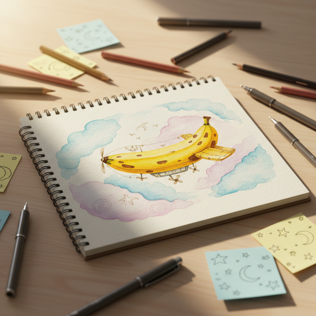 A playful desktop workspace featuring a sketchbook opened to a whimsical illustration of a bright yellow banana-shaped airship floating among soft watercolor clouds. The sketchbook rests on a light wooden desk scattered with colored pencils, ink pens, and sticky notes covered in tiny doodles of stars and moons. Soft morning light pours in from an unseen window, creating gentle highlights on the paper’s texture and casting long, delicate shadows across the desk. Photographic realism with a vibrant, colorful palette, shot from a slightly elevated angle with shallow depth of field so the drawing is in crisp focus while the background art supplies blur into a dreamy, inviting bokeh.