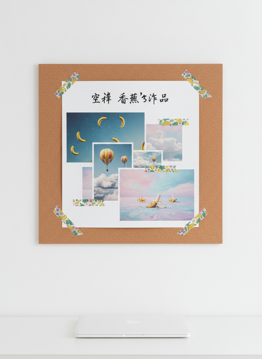 A minimalist white workspace featuring a large, crisp printed poster pinned to a corkboard. The poster presents a collage of 空希 香蕉’s作品: overlapping photographic prints of surreal, dreamlike scenes where bananas become stars, balloons, and tiny boats on pastel oceans. Colorful washi tape with banana patterns holds the prints in place, adding a playful touch. Soft studio lighting from above evenly illuminates the board, enhancing the textures of paper, cork, and tape without harsh shadows. Captured in photographic realism straight-on with sharp focus and a slightly wide frame, the composition feels clean, organized, and energetic—perfect as a hero image for an imaginative portfolio site.