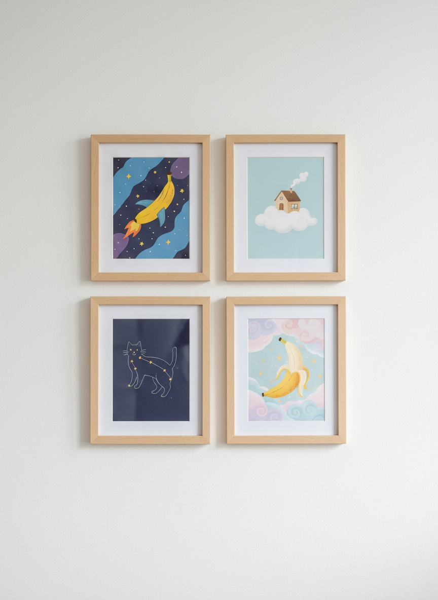 A neat gallery wall of small framed artworks arranged on a smooth white plaster wall, each frame containing a different imaginative illustration: a flying banana rocket, a tiny house floating on a cloud, a cat-shaped constellation, and a banana-shaped moon over a pastel night sky. The frames are simple light wood with matte glass, reflecting a soft glow from diffused overcast daylight streaming in from the side. The mood is playful yet refined, photographed straight-on at eye level with sharp focus throughout, creating a clean, modern portfolio feel in photographic realism, emphasizing the variety and charm of the artworks without any human presence.
