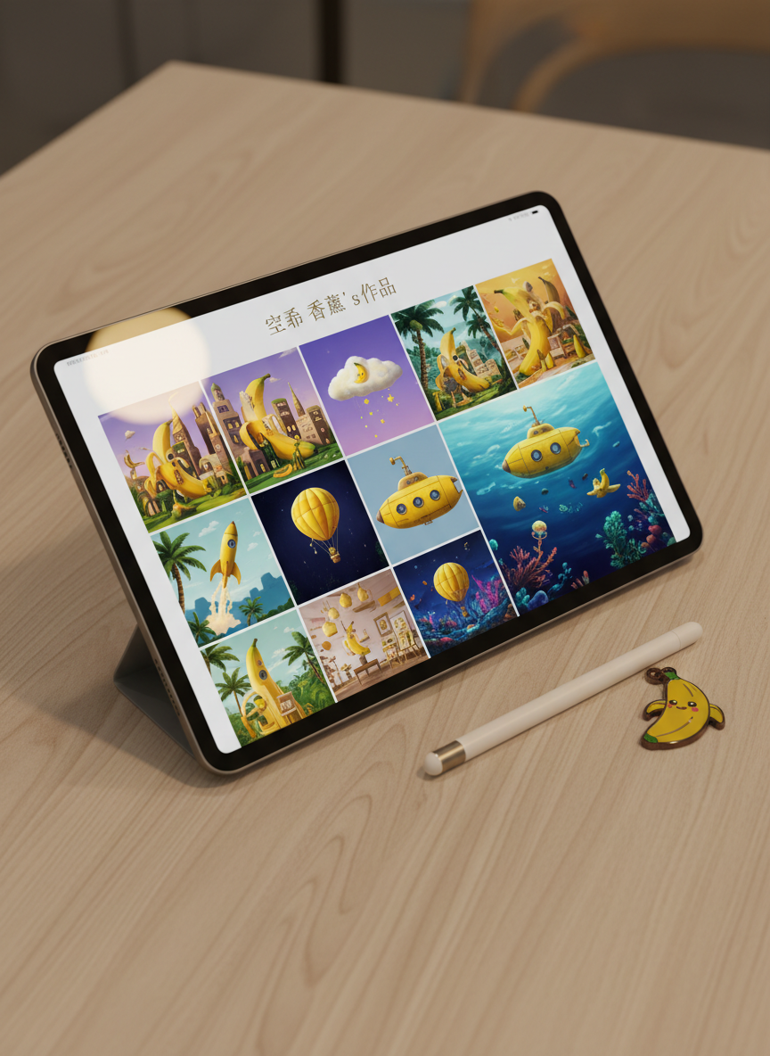 A glossy tablet laying on a pale birch table, its screen displaying a colorful digital gallery grid of 空希 香蕉’s作品, each thumbnail showing surreal banana-themed scenes: a city made of peeled bananas, a banana-shaped cloud raining tiny stars, and a banana submarine under an indigo sea. Next to the tablet lies a pressure-sensitive stylus and a small mascot-like banana charm. Warm indoor pendant lighting creates soft reflections on the tablet glass and subtle shadows under the stylus. Captured in photographic realism from a three-quarter overhead angle, with the screen perfectly sharp and the background gently blurred, giving a modern, creative portfolio atmosphere.